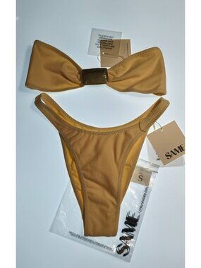 SAME Los Angeles Bikini Set Cream Faux Suede S Gold Hardware Strapless Top Cheek